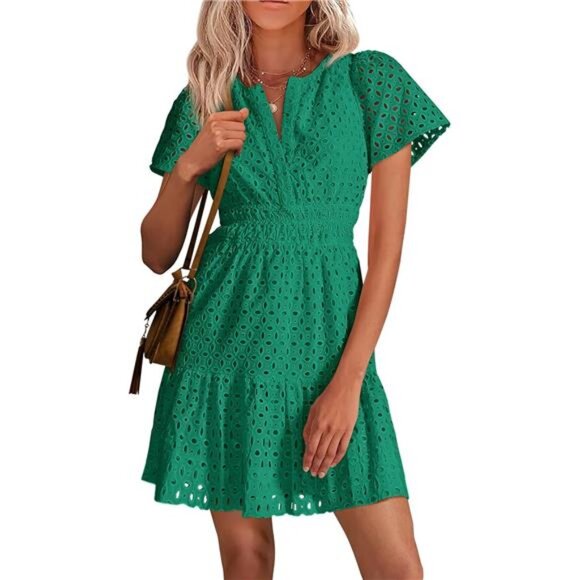 Women Short Dress V Neck Green - Picture 1 of 6